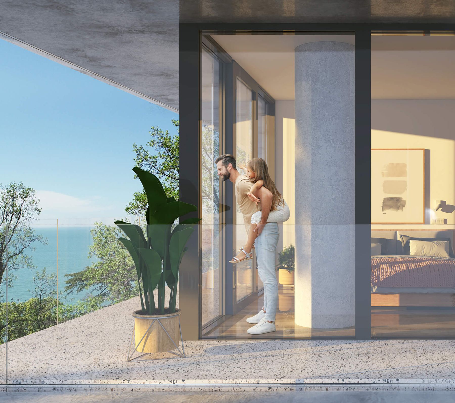 Terrace with floor-to-ceiling glass and sea view